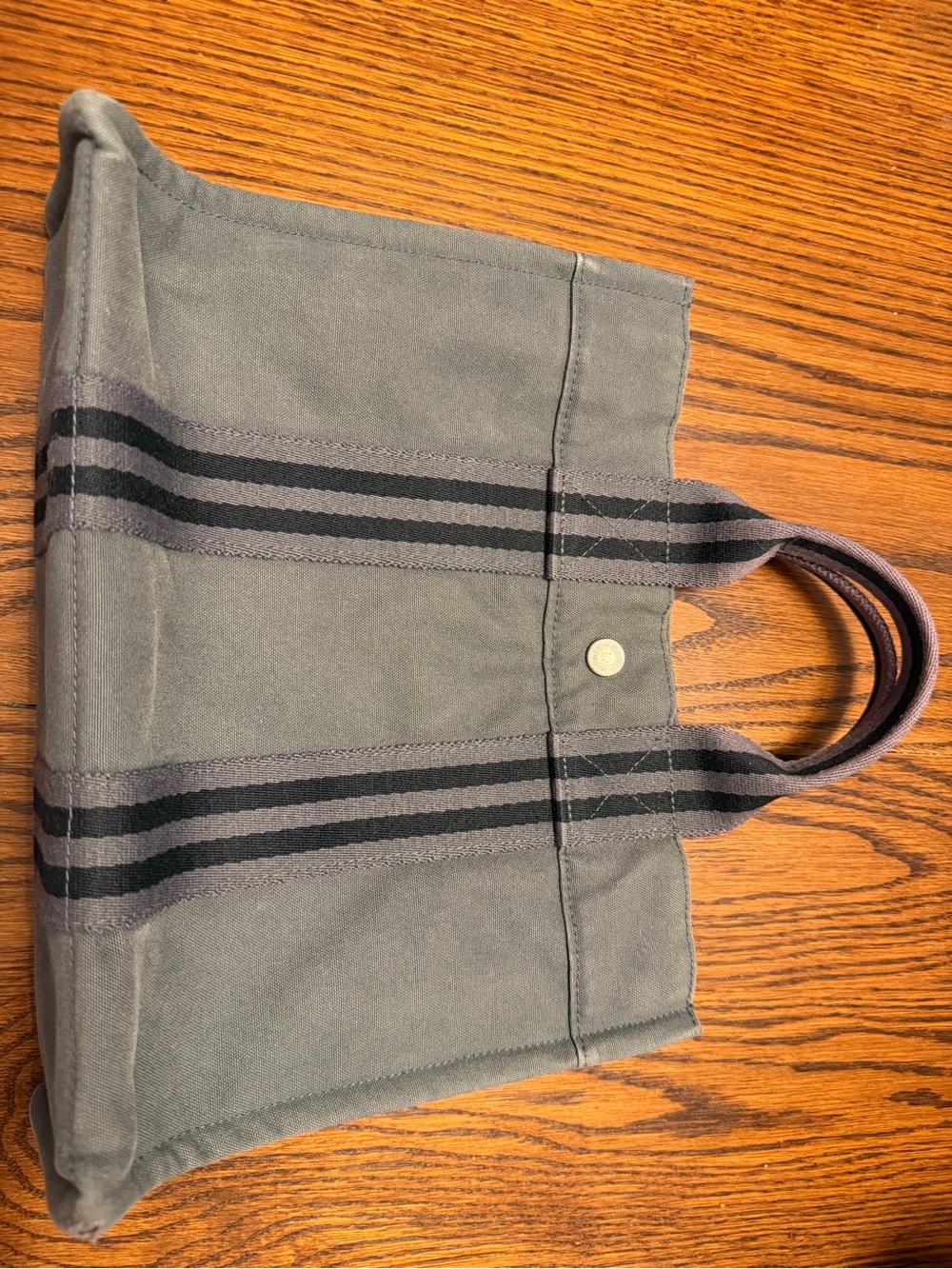 Hermes Gray Canvas Tote with Black Stripes - Picture 2 of 15